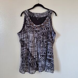 Zak & Rachel Tank Top Black White Aztec Sheer Stretch Lined Sleeveless Tee